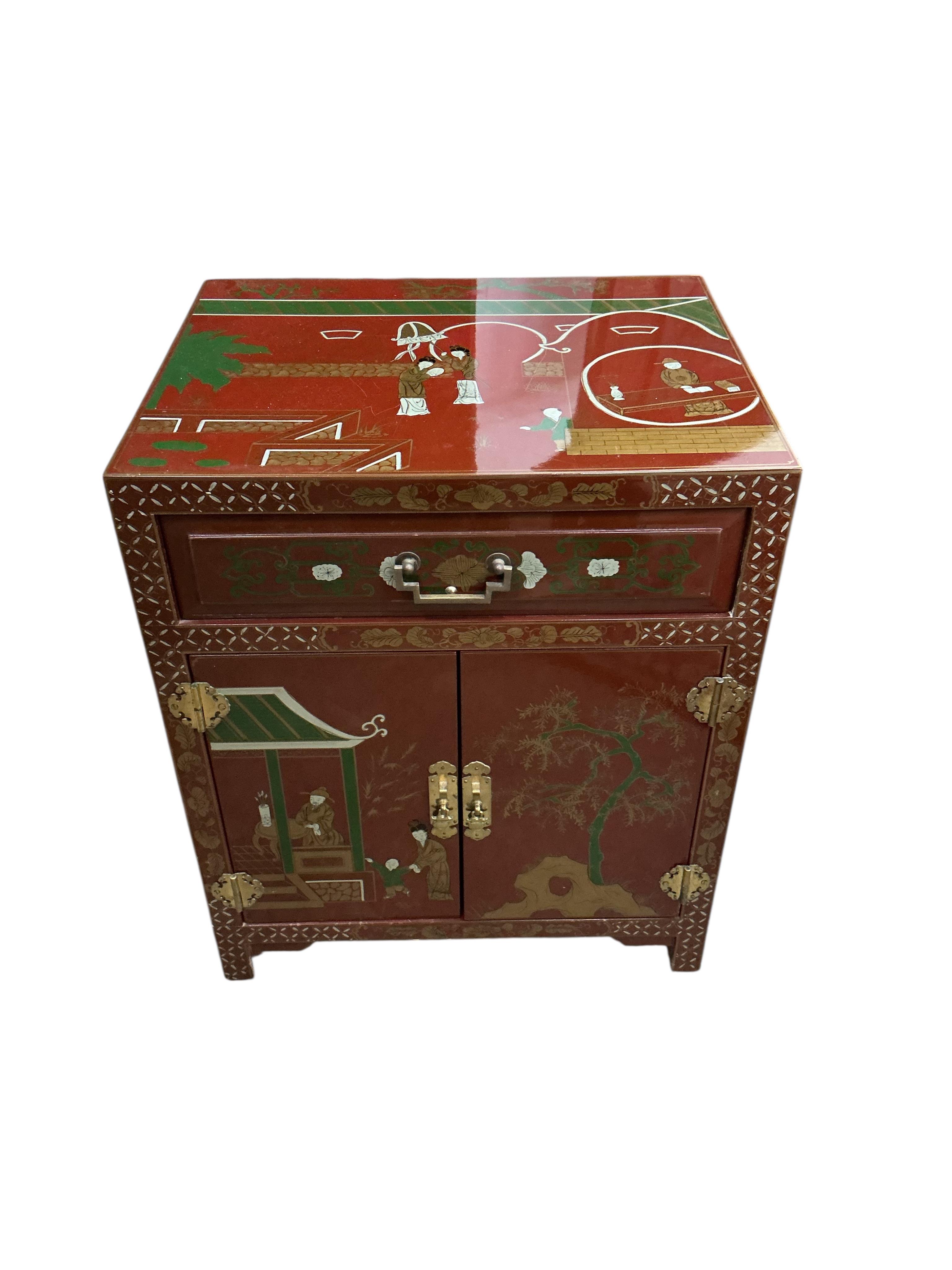 A pair of Chinese scarlet lacquer bedside chests, width 50cm, depth 40cm, height 61cm